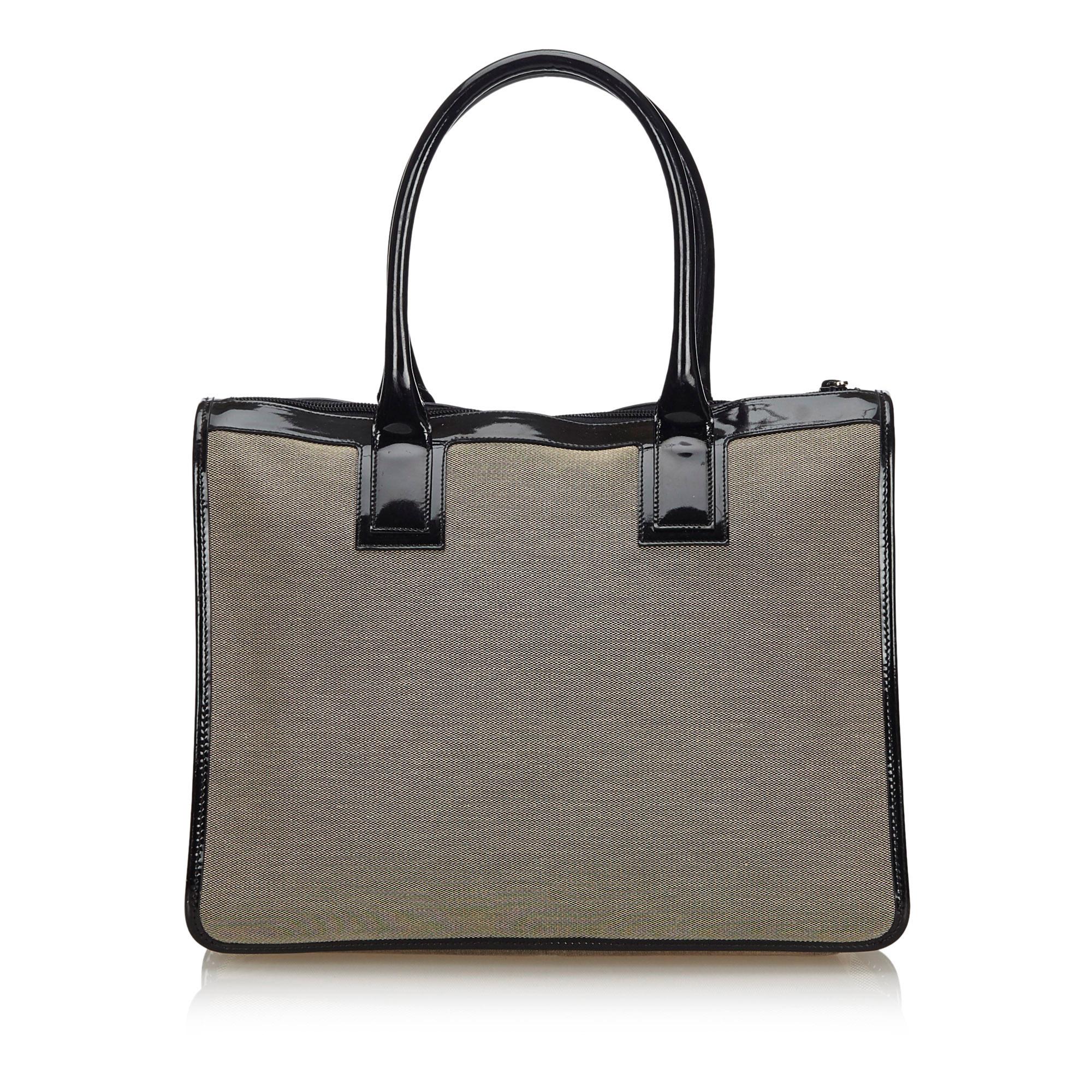 Gray Vintage Authentic Gucci Brown Beige Canvas Fabric Handbag Italy MEDIUM 