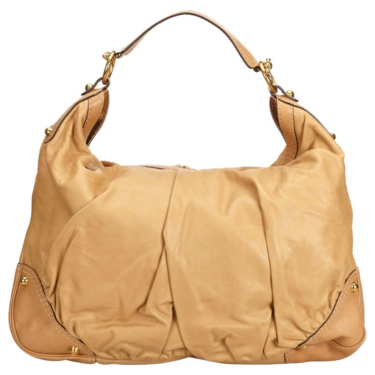 Vintage Authentic Gucci Brown Beige Leather Jockey Hobo NA w/ Dust Bag LARGE For Sale at 1stdibs