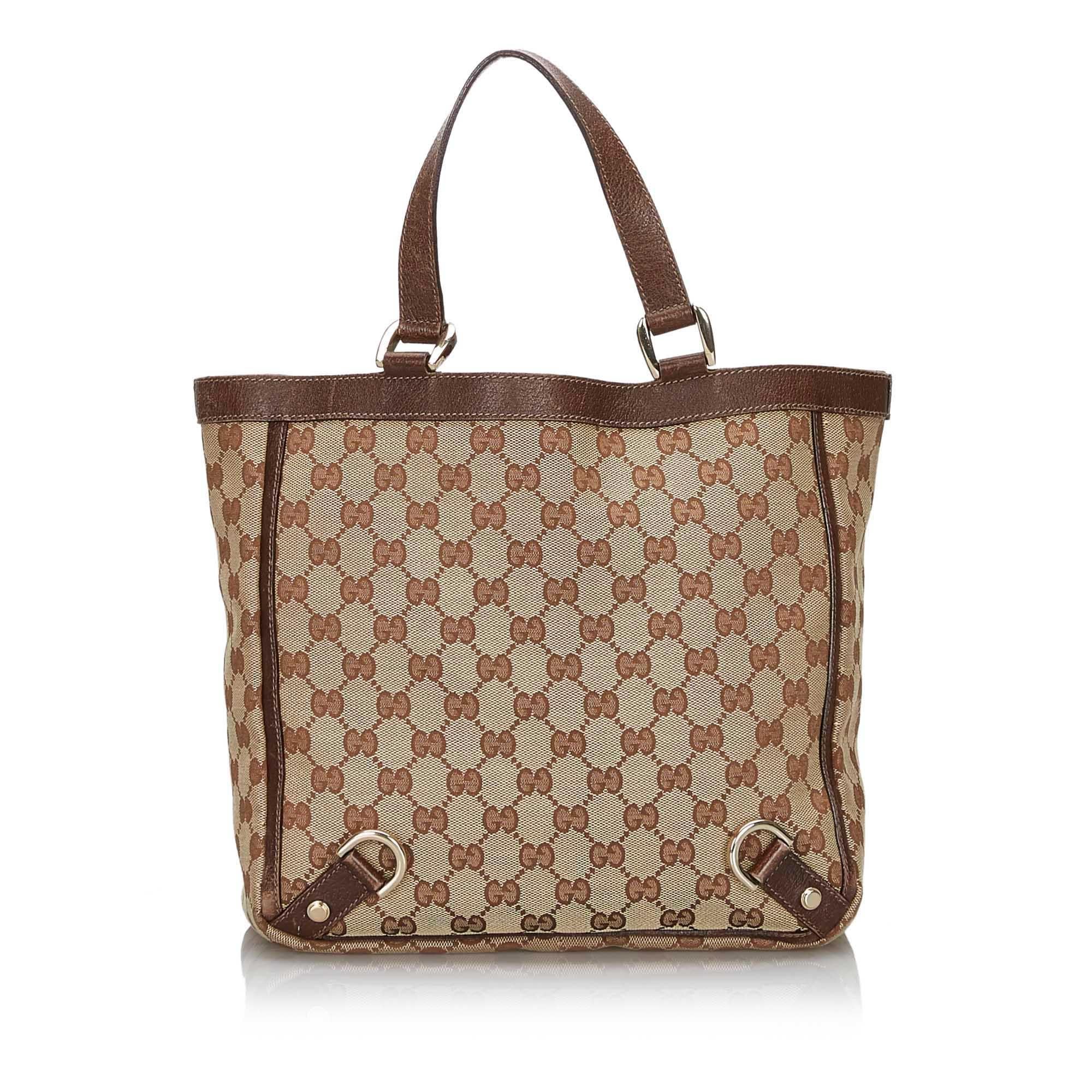 Vintage Authentic Gucci Brown Canvas Fabric GG Abbey Tote Bag ITALY w LARGE  In Good Condition For Sale In Orlando, FL