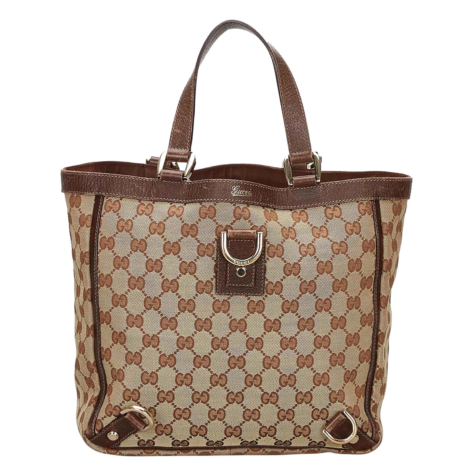 Vintage Authentic Gucci Brown Canvas Fabric GG Abbey Tote Bag ITALY w LARGE  For Sale