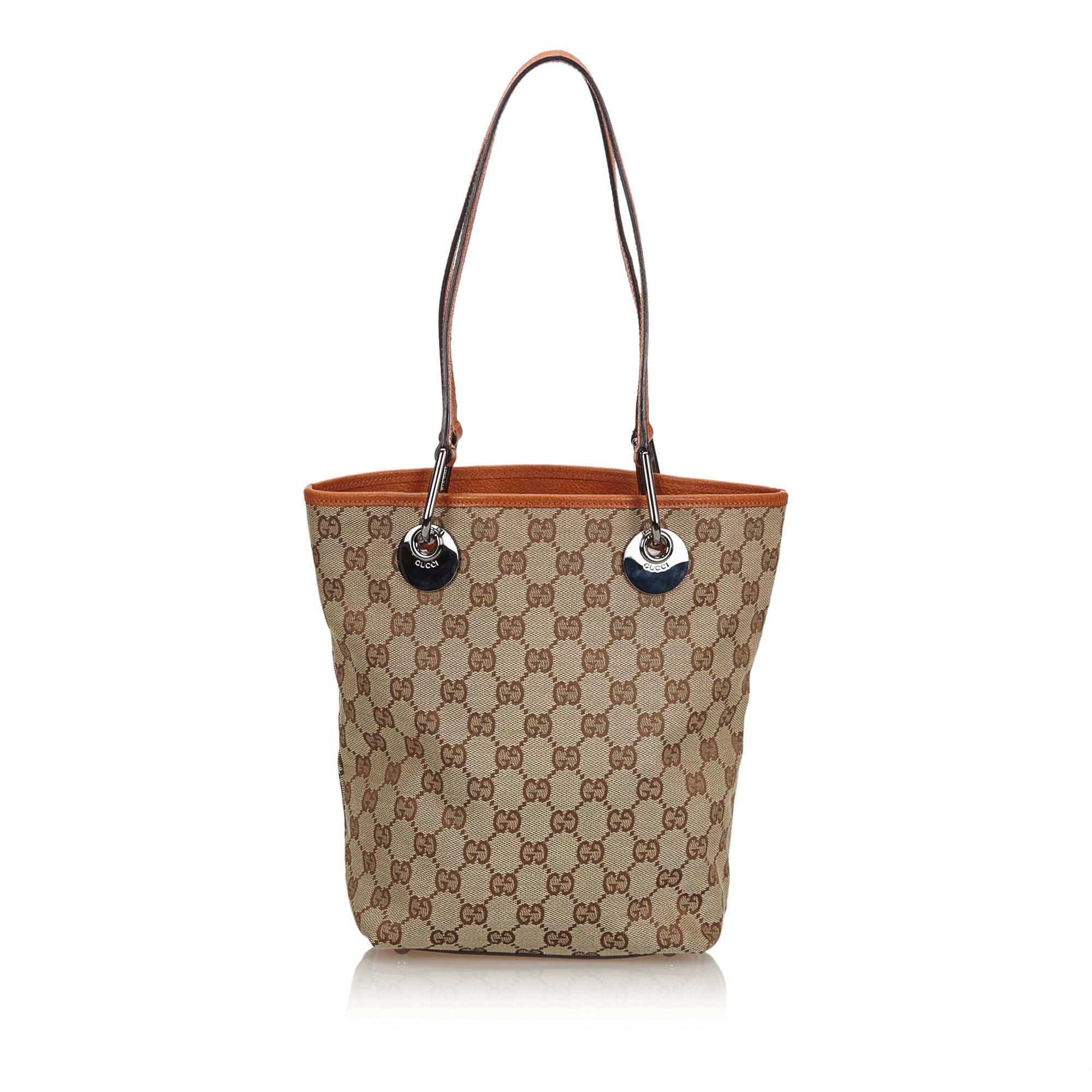 Vintage Authentic Gucci Brown Canvas Fabric GG Eclipse Tote Bag ITALY w LARGE  In Good Condition For Sale In Orlando, FL