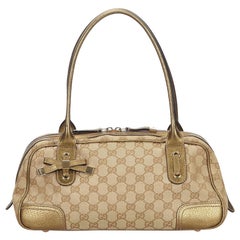 Vintage Authentic Gucci Brown Canvas Fabric GG Princy Shoulder Bag ITALY LARGE