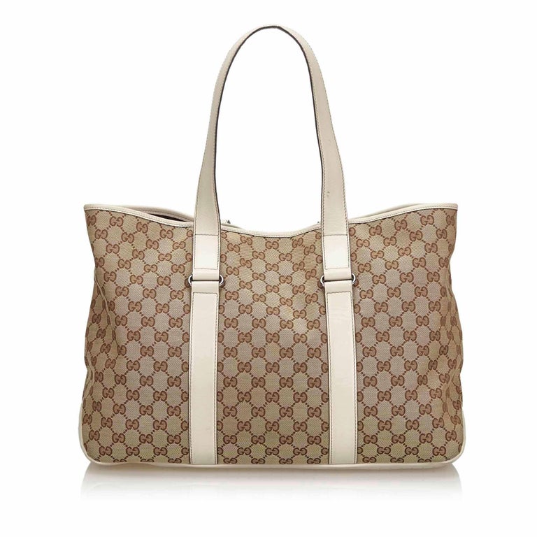 Vintage Authentic Gucci Brown Canvas Fabric GG Tote Italy w/ Dust Bag ...