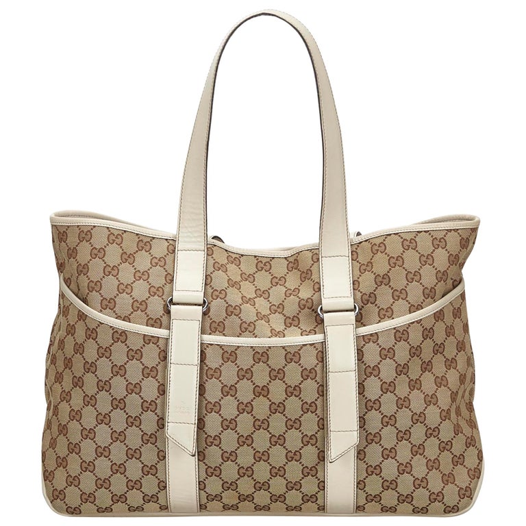 Vintage Authentic Gucci Brown Canvas Fabric GG Tote Italy w/ Dust Bag LARGE at 1stdibs