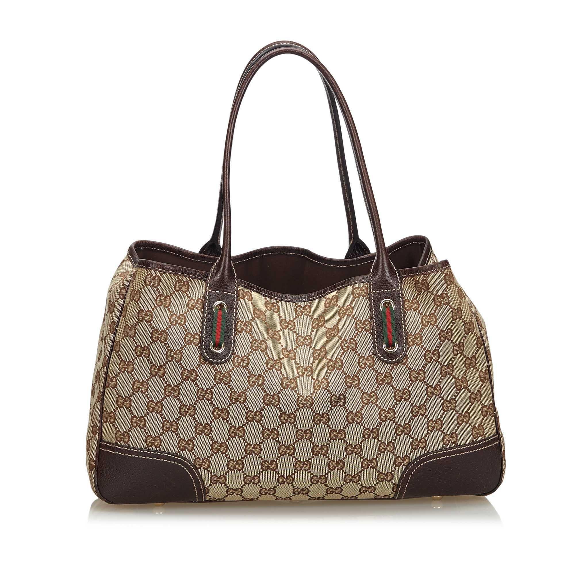 Vintage Authentic Gucci Brown GG Princy Tote Bag Italy w Dust Bag LARGE  In Good Condition For Sale In Orlando, FL