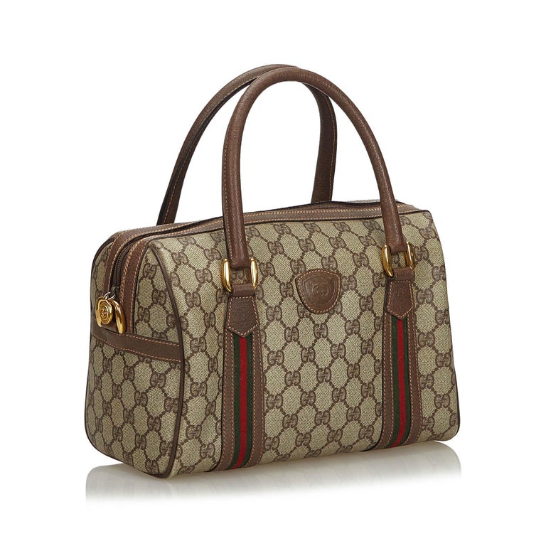Vintage Authentic Gucci Brown GG Supreme Web Boston Bag Italy MEDIUM at ...