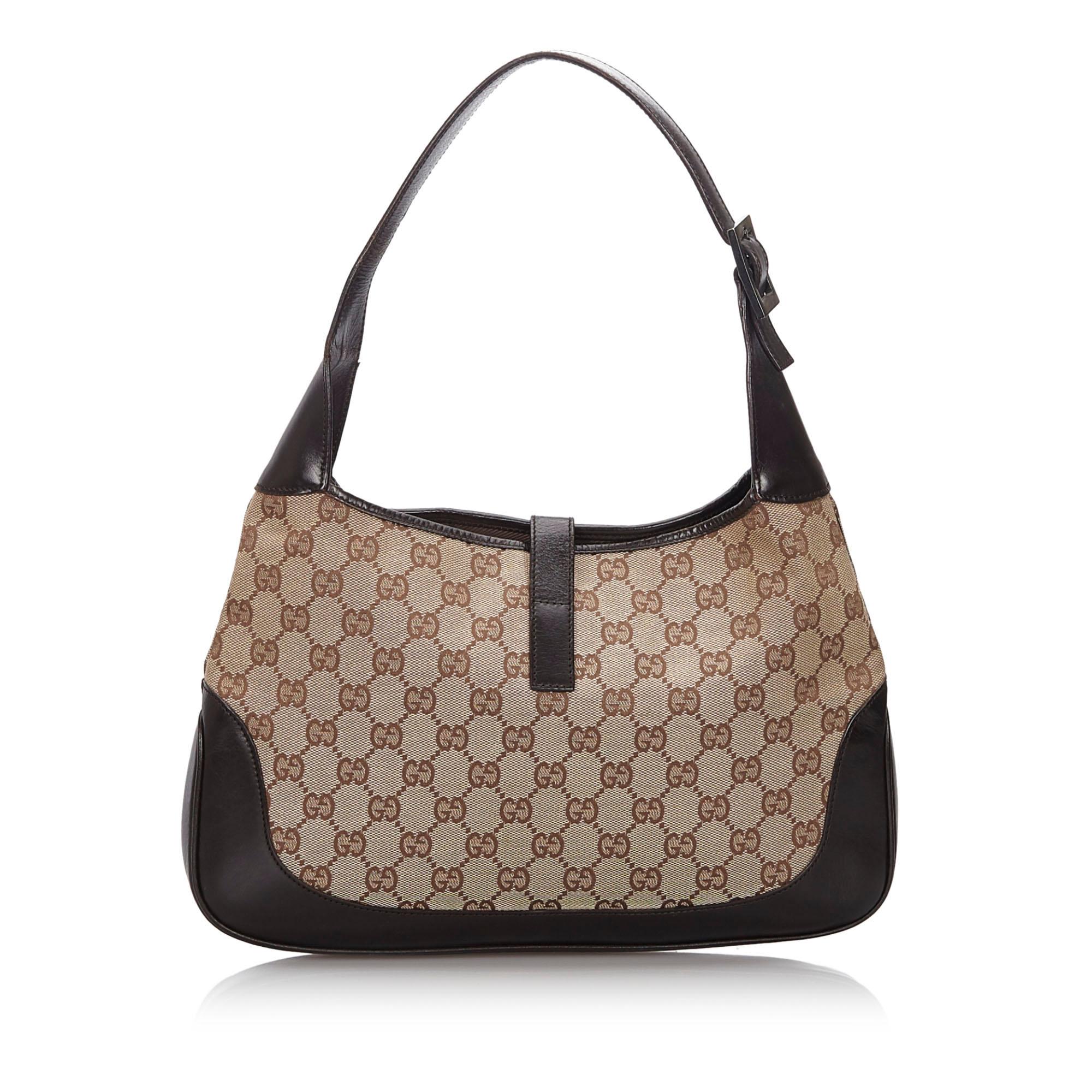 Gray Vintage Authentic Gucci Brown GG Web Jackie Shoulder Bag ITALY MEDIUM  For Sale