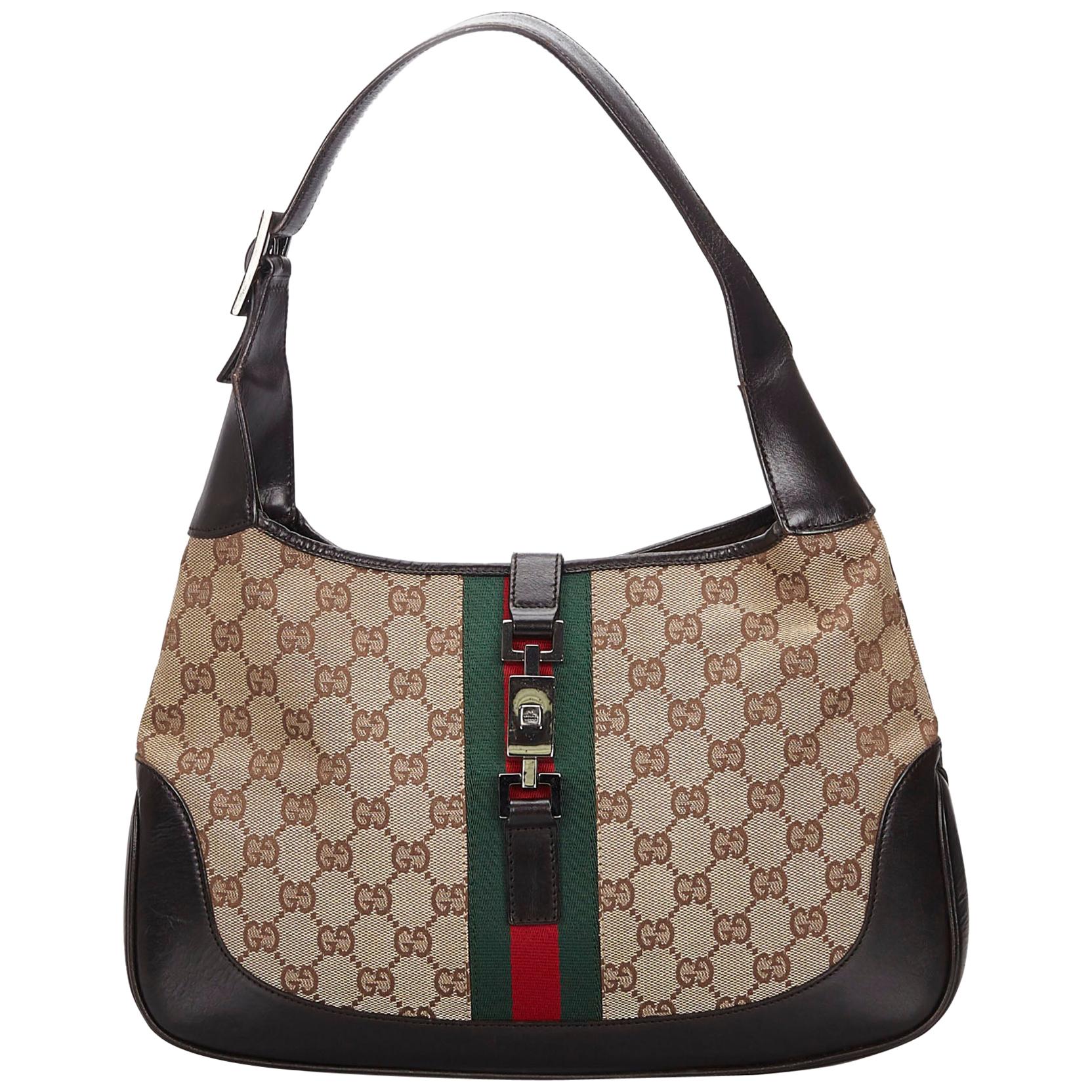 Vintage Authentic Gucci Brown GG Web Jackie Shoulder Bag ITALY MEDIUM  For Sale