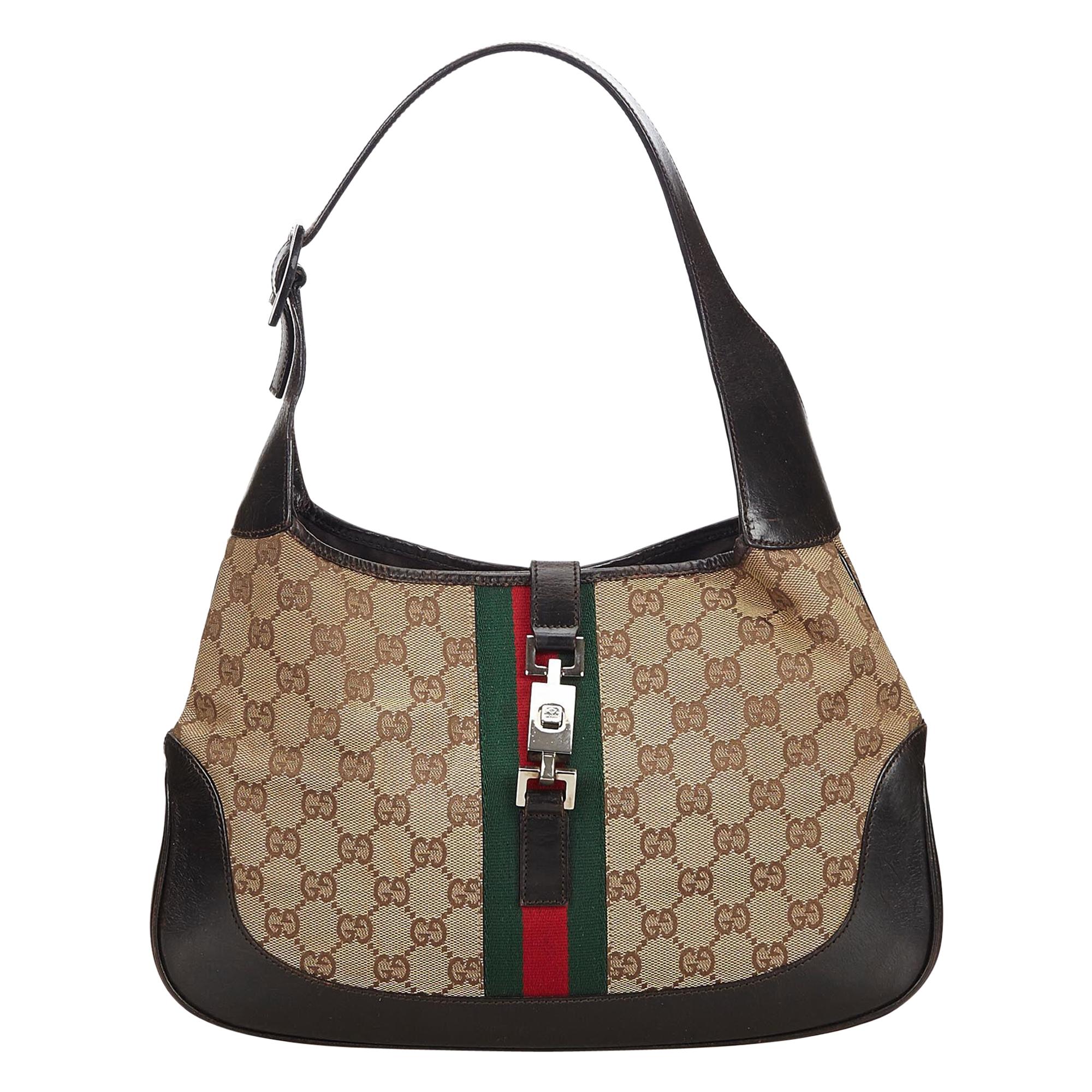 Vintage Authentic Gucci Brown GG Web Jackie Shoulder Bag ITALY w MEDIUM  For Sale