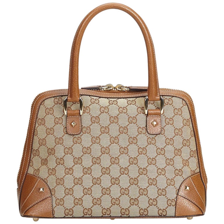Vintage Authentic Gucci Brown Jacquard Fabric GG Nailhead Handbag Italy MEDIUM For Sale at 1stdibs