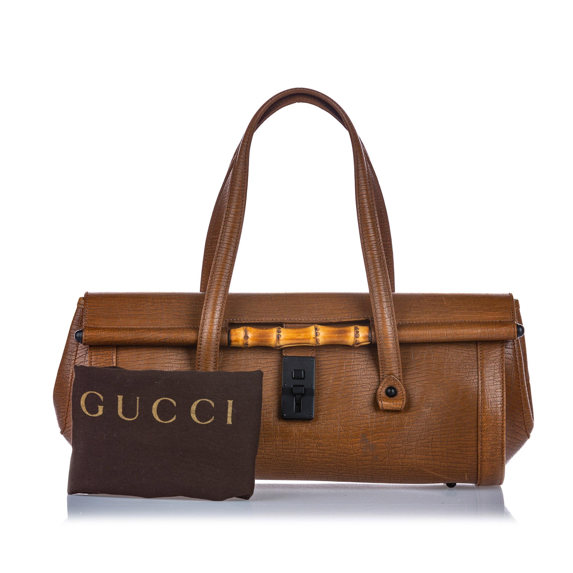 Vintage Authentic Gucci Brown Leather Bamboo Bullet Handbag ITALY w LARGE  For Sale 8