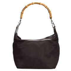 Vintage Authentic Gucci Brown Nylon Fabric Bamboo Handbag Italy SMALL