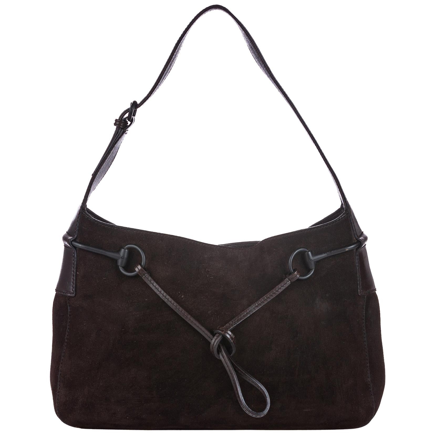 Vintage Authentic Gucci Brown Suede Leather Horsebit Shoulder Bag ITALY MEDIUM  For Sale