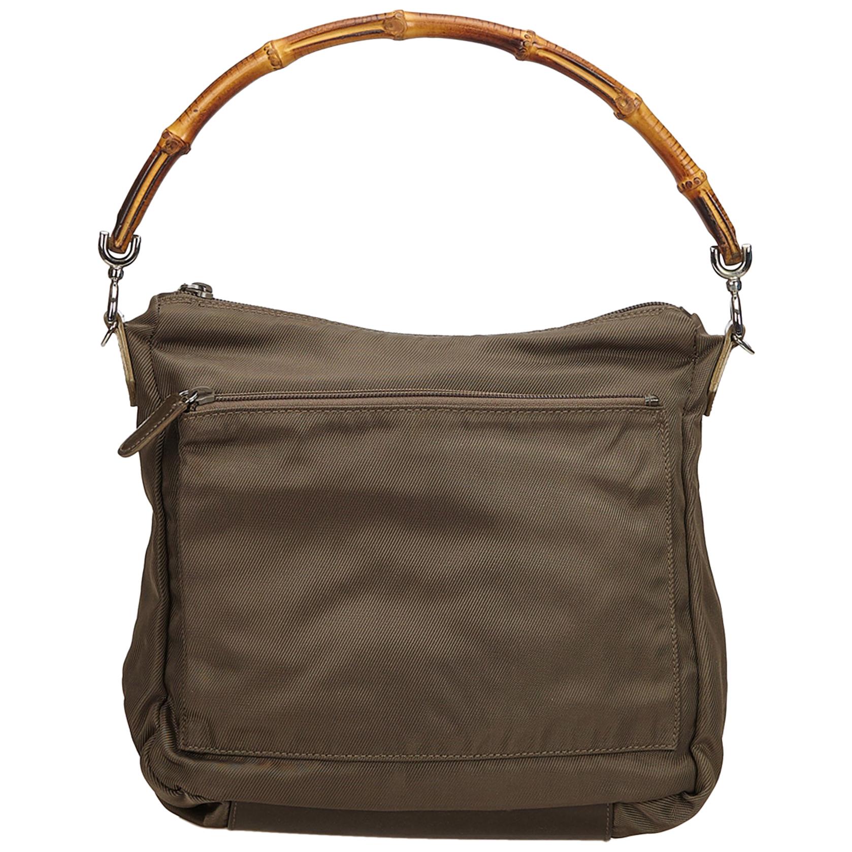 Vintage Authentic Gucci Dark Nylon Fabric Bamboo Handbag Italy Dust Bag MEDIUM  For Sale
