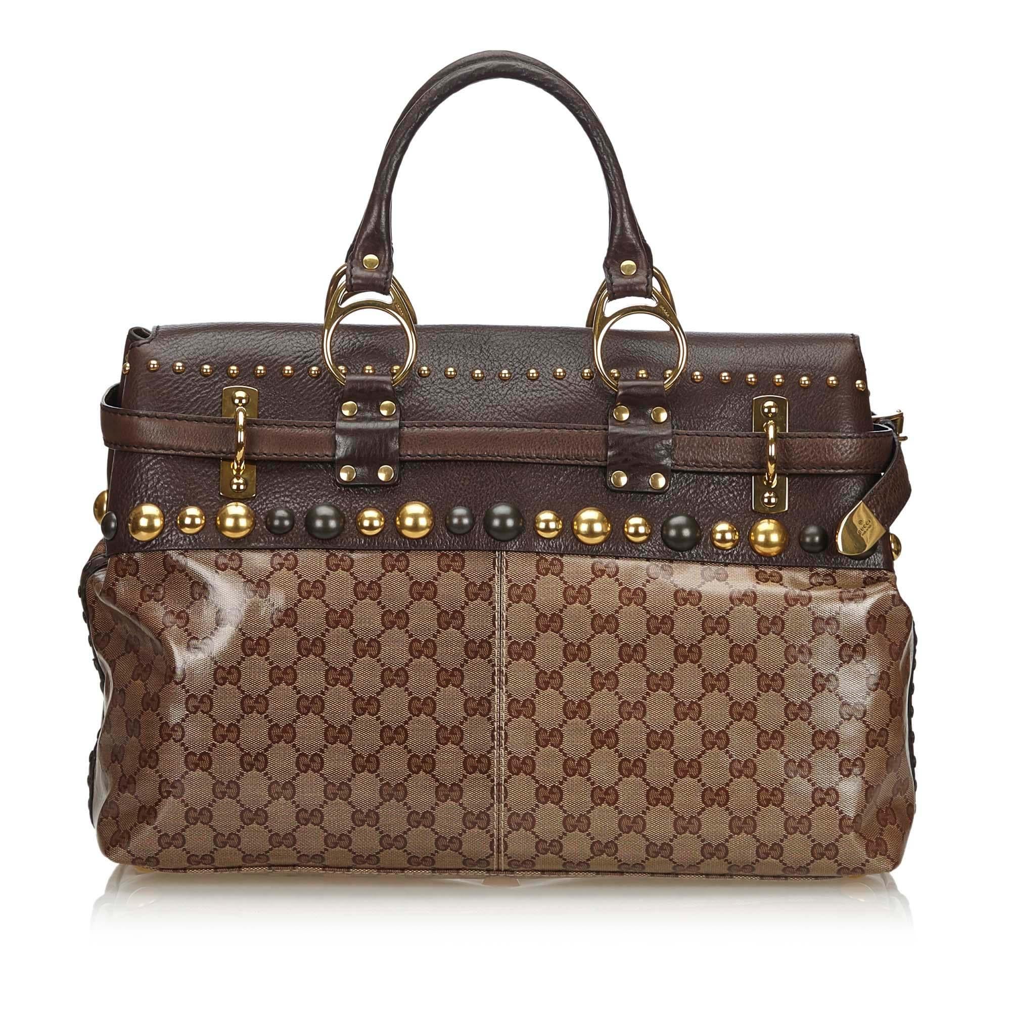 Brown Vintage Authentic Gucci GG Crystal Babouska Handbag Italy MEDIUM