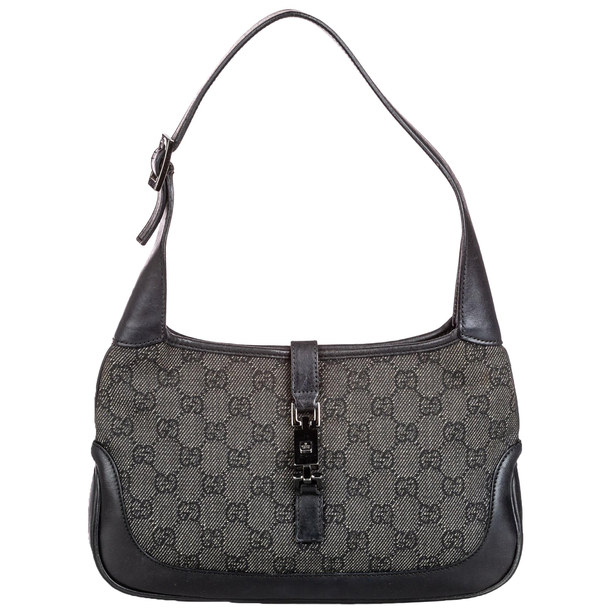 Vintage Authentic Gucci Gray Denim Fabric GG Jackie Shoulder Bag ITALY MEDIUM 