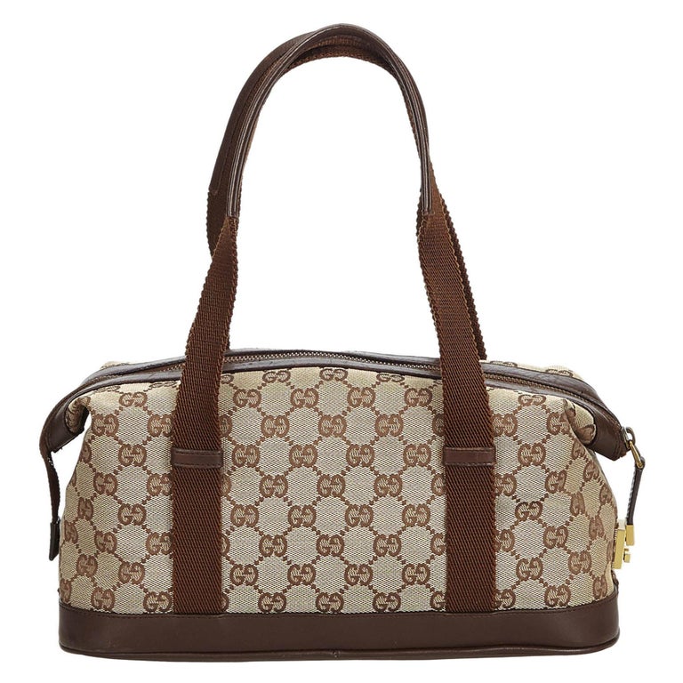 Vintage Authentic Gucci Jacquard Fabric GG Handbag Italy w/ Dust Bag MEDIUM For Sale at 1stDibs