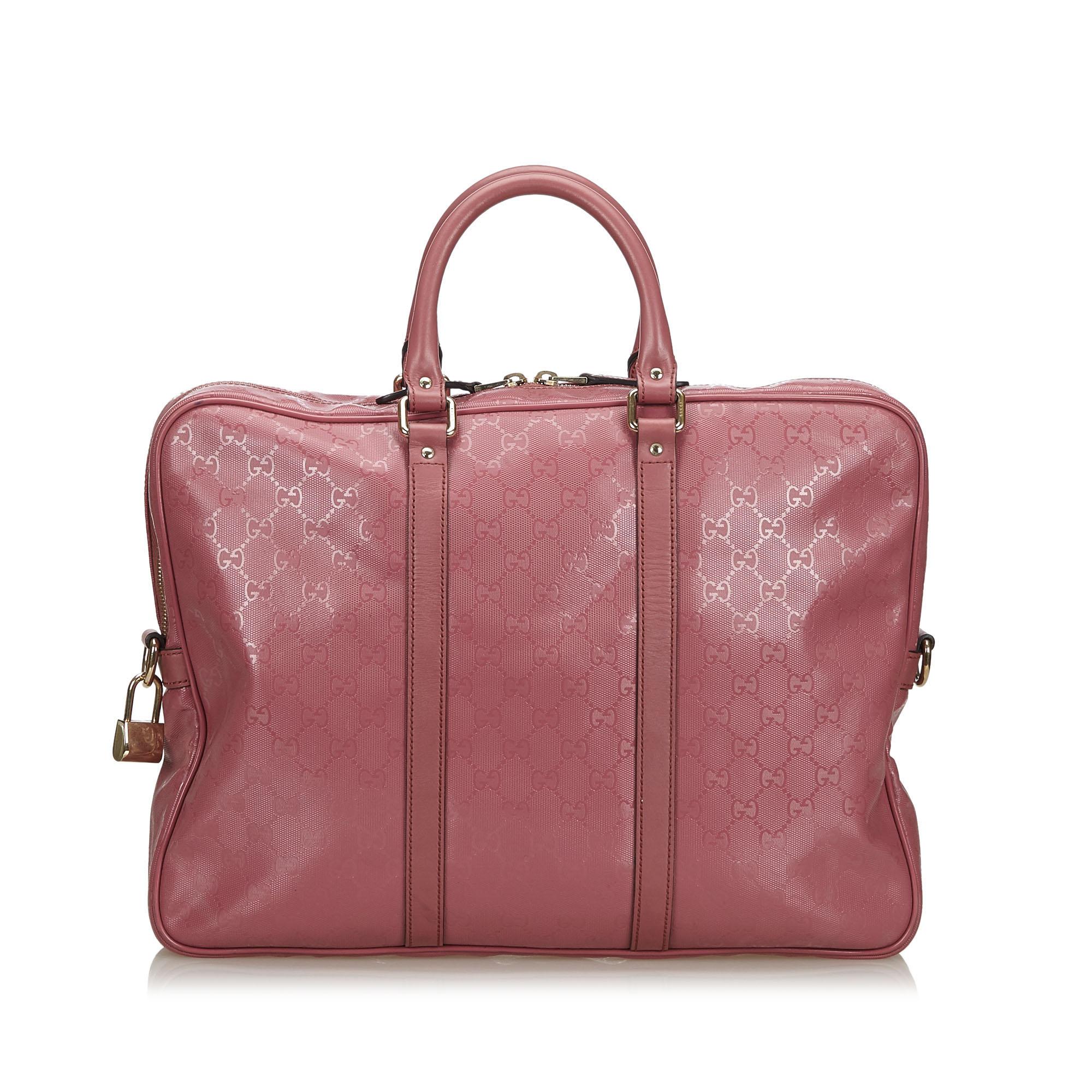 Vintage Authentic Gucci Pink Imprime Business Bag Italy w Padlock Key LARGE  In Good Condition For Sale In Orlando, FL