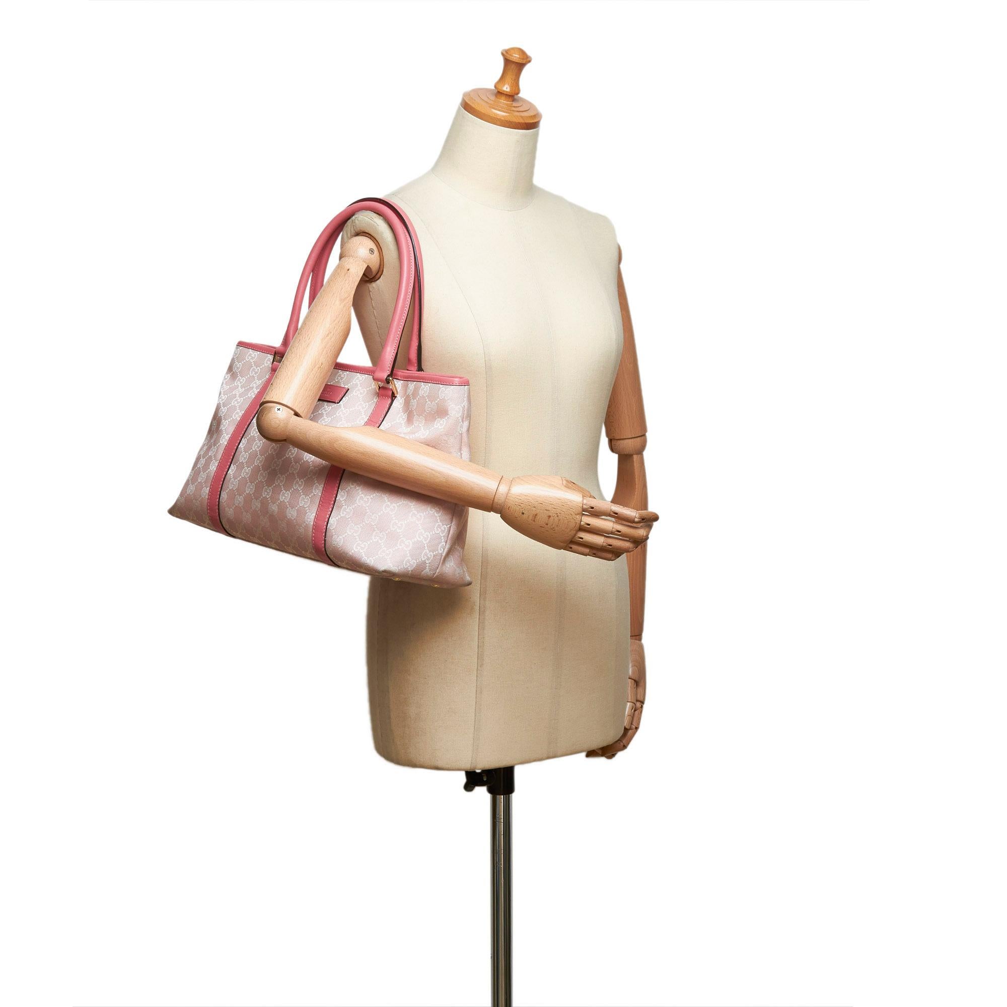 Vintage Authentic Gucci Pink Light Pink Jacquard Fabric GG Tote Bag Italy LARGE 10