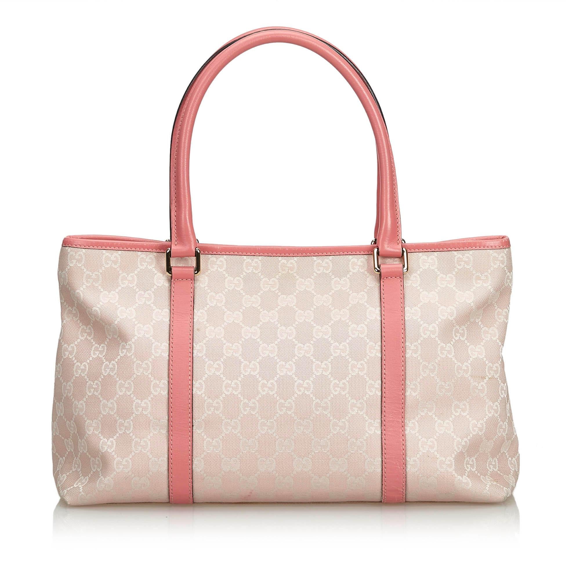 Beige Vintage Authentic Gucci Pink Light Pink Jacquard Fabric GG Tote Bag Italy LARGE