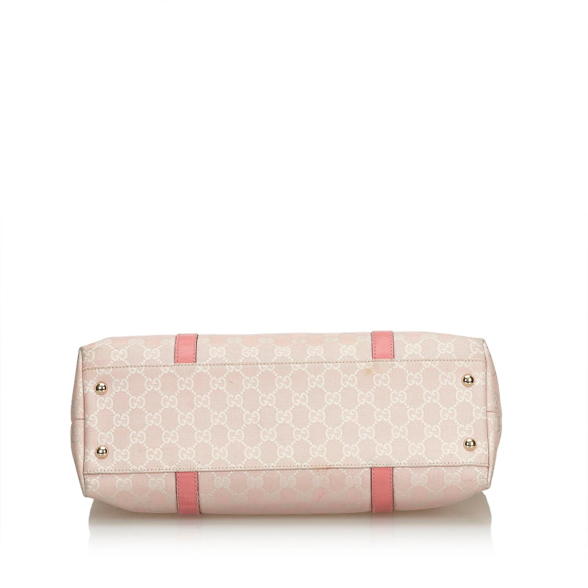 Vintage Authentic Gucci Pink Light Pink Jacquard Fabric GG Tote Bag Italy LARGE In Good Condition In Orlando, FL