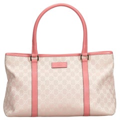 Vintage Authentic Gucci Pink Light Pink Jacquard Fabric GG Tote Bag Italy LARGE
