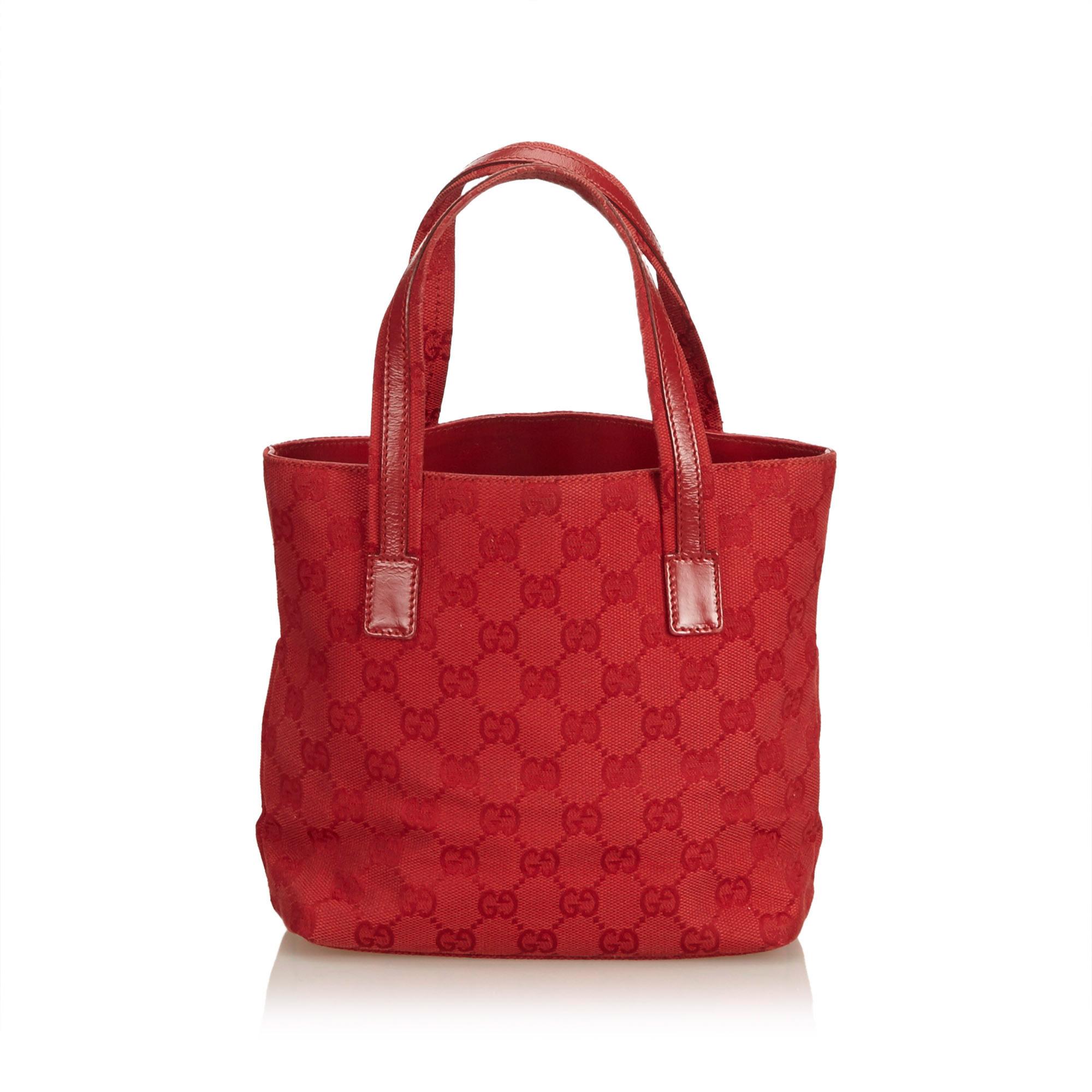 Vintage Authentic Gucci Red Canvas Fabric Guccissima Tote Italy LARGE  In Good Condition In Orlando, FL