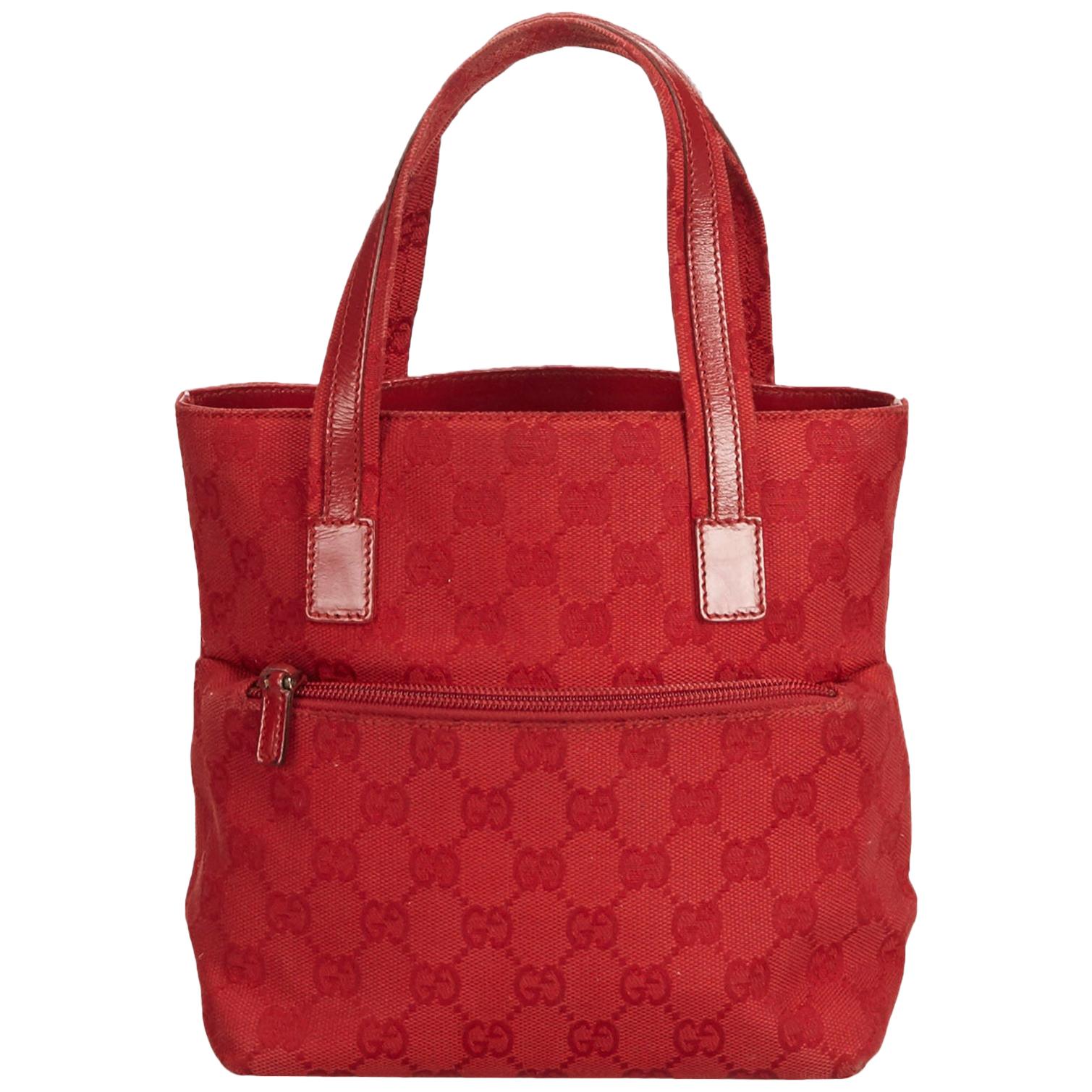 Vintage Authentic Gucci Red Canvas Fabric Guccissima Tote Italy LARGE 
