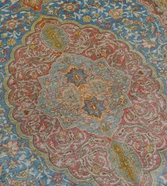 Vintage Authentic Hand-Knotted Floral Sky-Blue Silk Persian Qum Rug