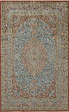 Vintage Authentic Hand-Knotted Floral Sky-Blue Silk Persian Qum Rug