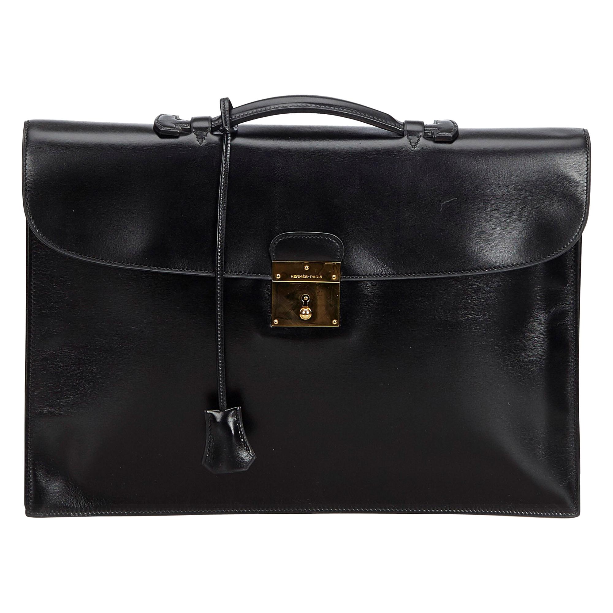 Vintage Authentic Hermes Black Box Quirus Business Bag France LARGE 
