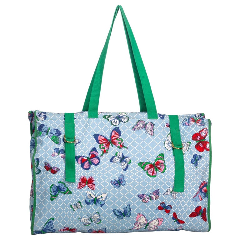 Vintage Authentic Hermes Blue Butterfly Printed Tote Bag France LARGE For Sale at 1stdibs