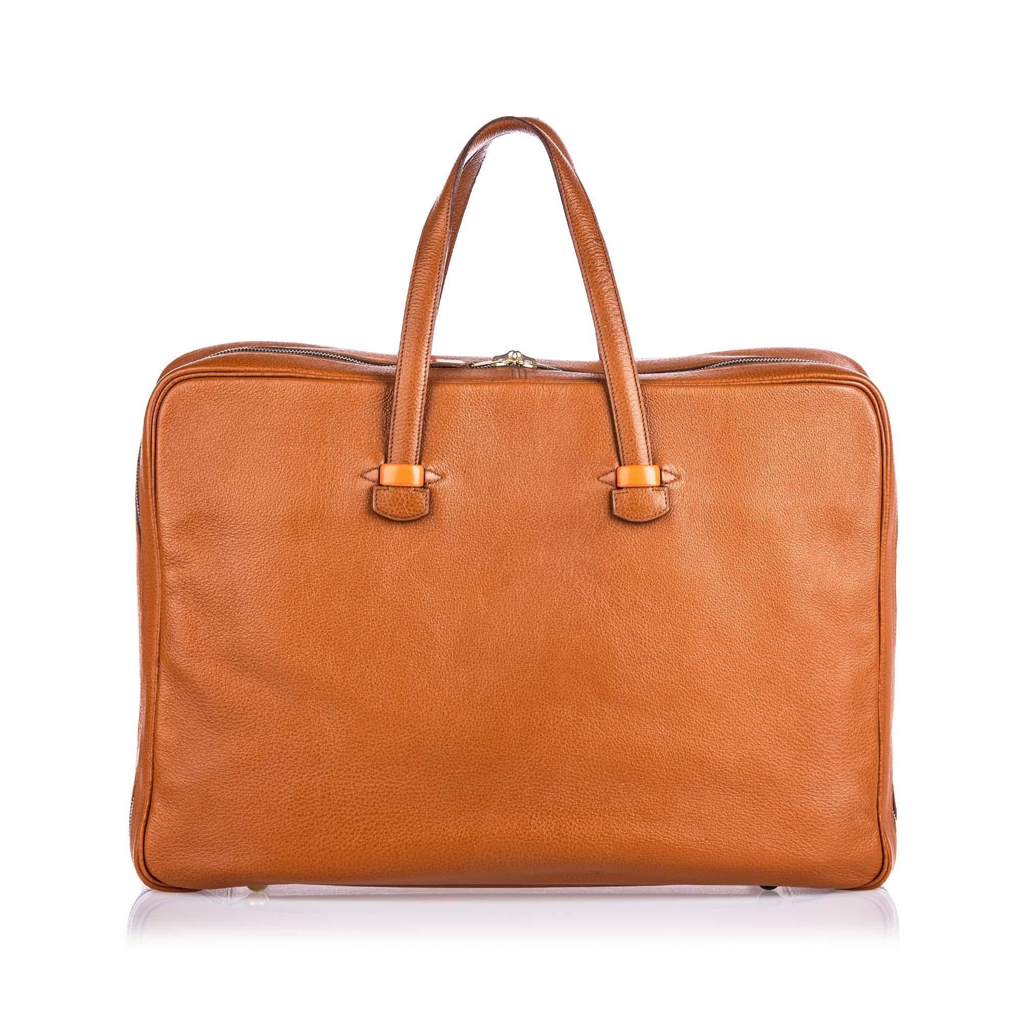 Vintage Authentic Hermes Brown Leather Valise Galop 50 France LARGE  In Good Condition For Sale In Orlando, FL