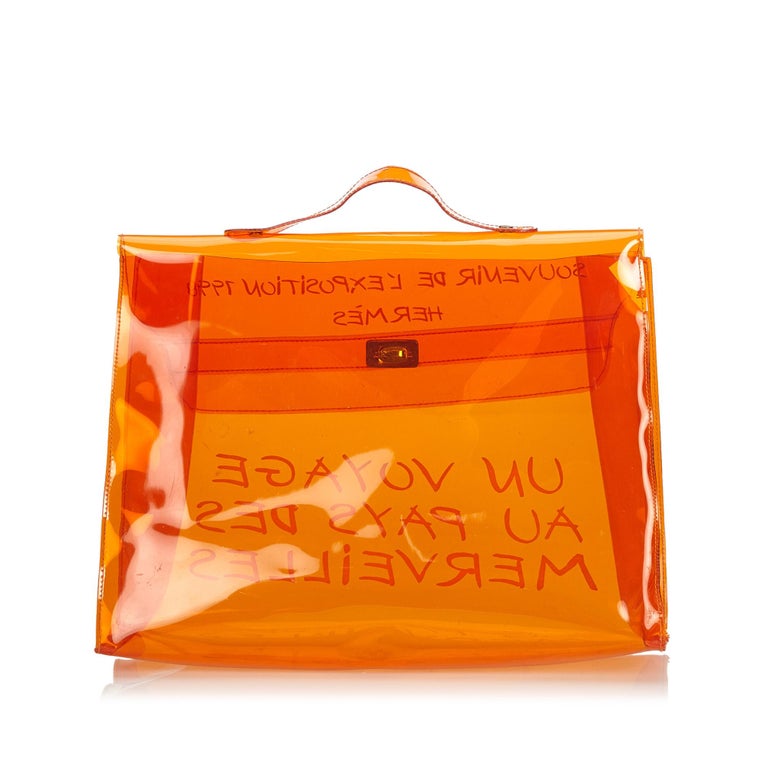 Vintage Authentic Hermes Orange Vinyl Plastic Kelly Handbag France LARGE For Sale at 1stdibs