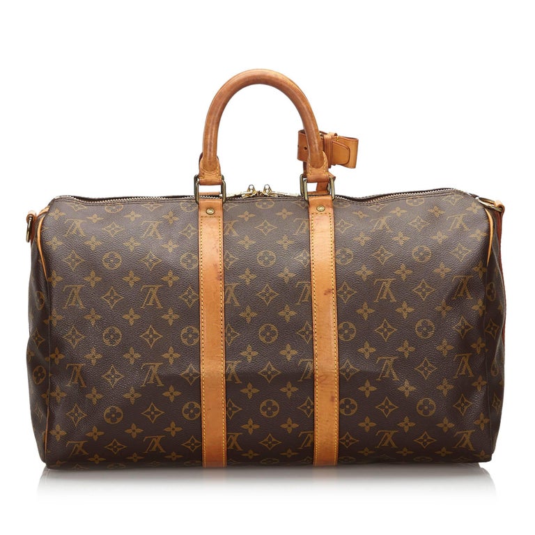 Vintage Authentic Louis Vuitton Brown Keepall Bandouliere 45 France LARGE For Sale at 1stdibs
