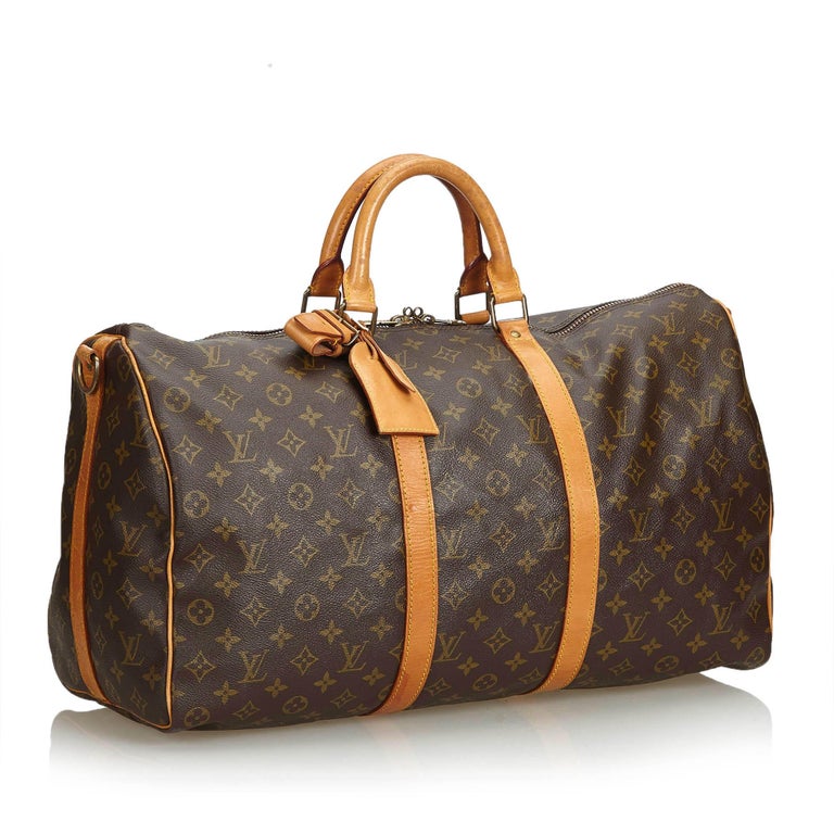 Vintage Authentic Louis Vuitton Brown Keepall Bandouliere 50 France LARGE For Sale at 1stdibs