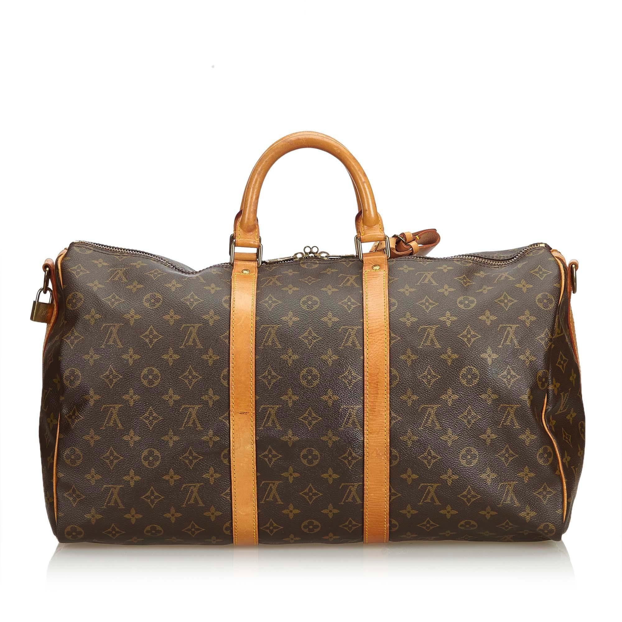 Vintage Authentic Louis Vuitton Brown Keepall Bandouliere 50 France LARGE  In Good Condition For Sale In Orlando, FL