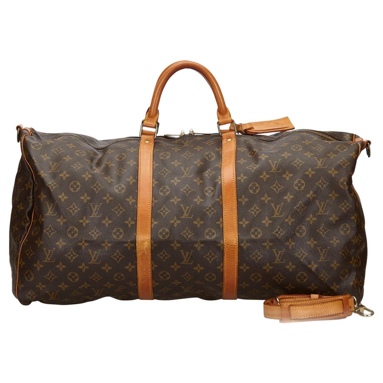 Vintage Authentic Louis Vuitton Brown Keepall Bandouliere 60 France LARGE For Sale at 1stdibs