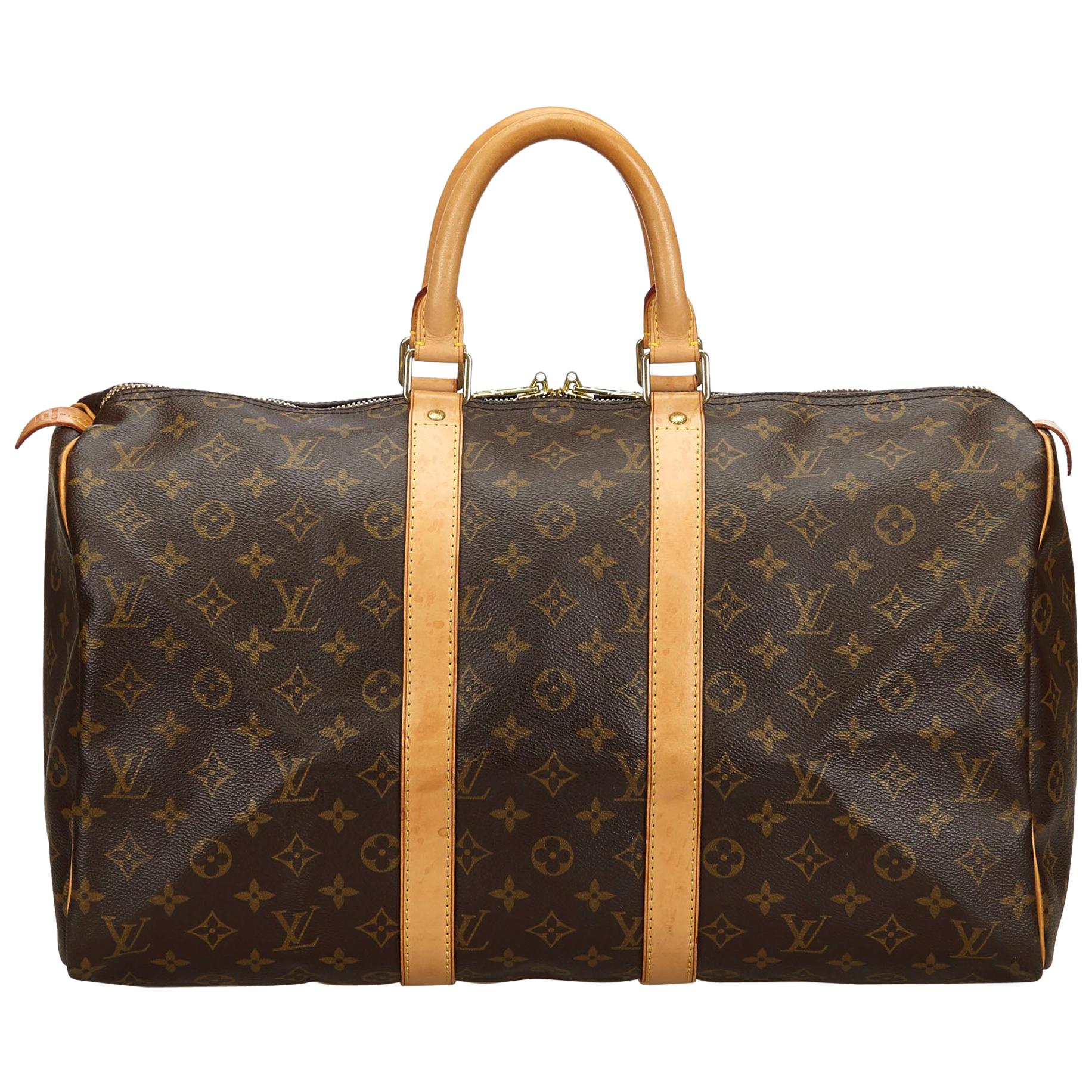 Vintage Authentic Louis Vuitton Brown Monogram Canvas Keepall 45 France LARGE  For Sale