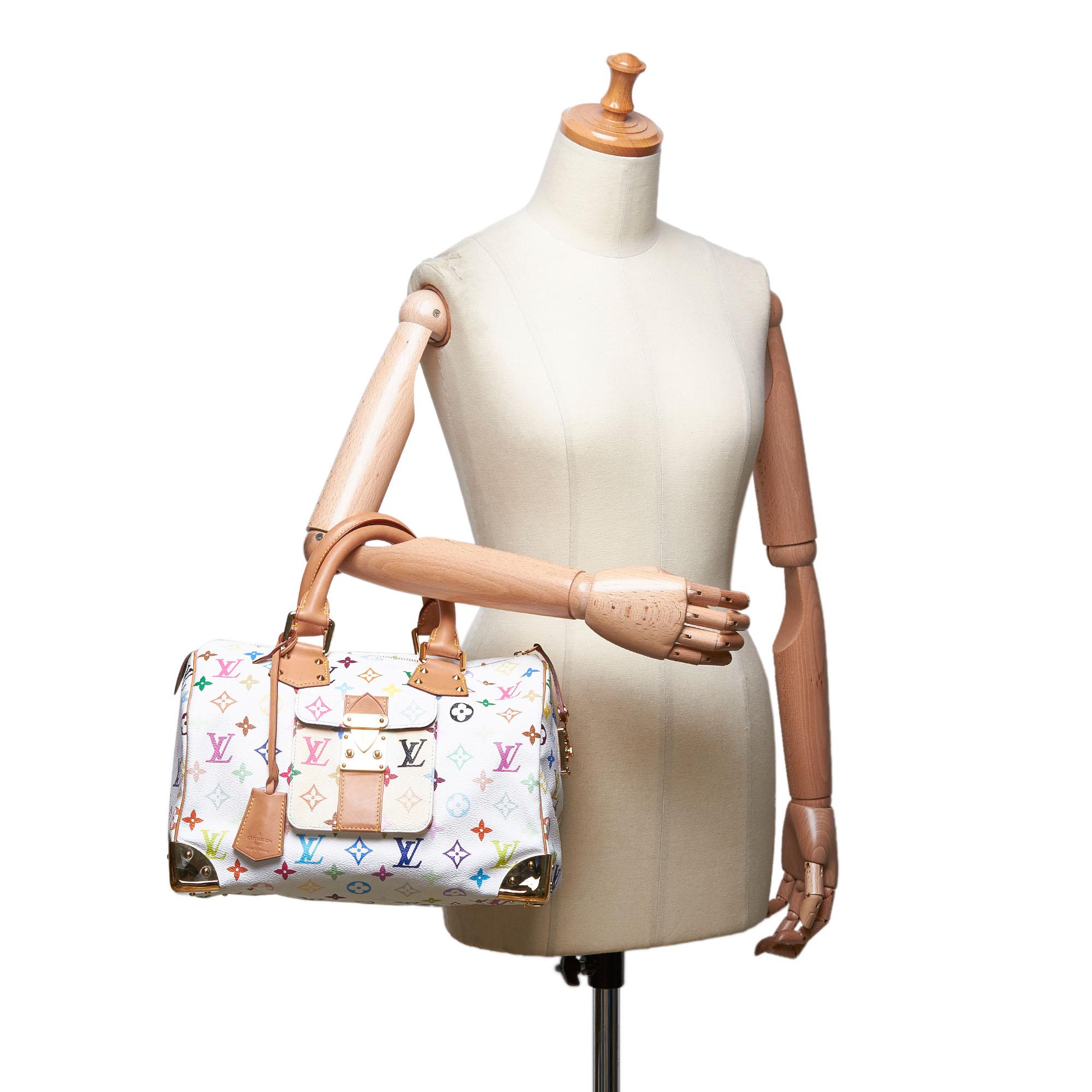 Vintage Authentic Louis Vuitton White Speedy 30 France w Dust Bag Key MEDIUM 9