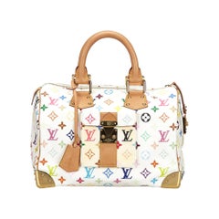 Vintage Authentic Louis Vuitton White Speedy 30 France w Dust Bag Key MEDIUM