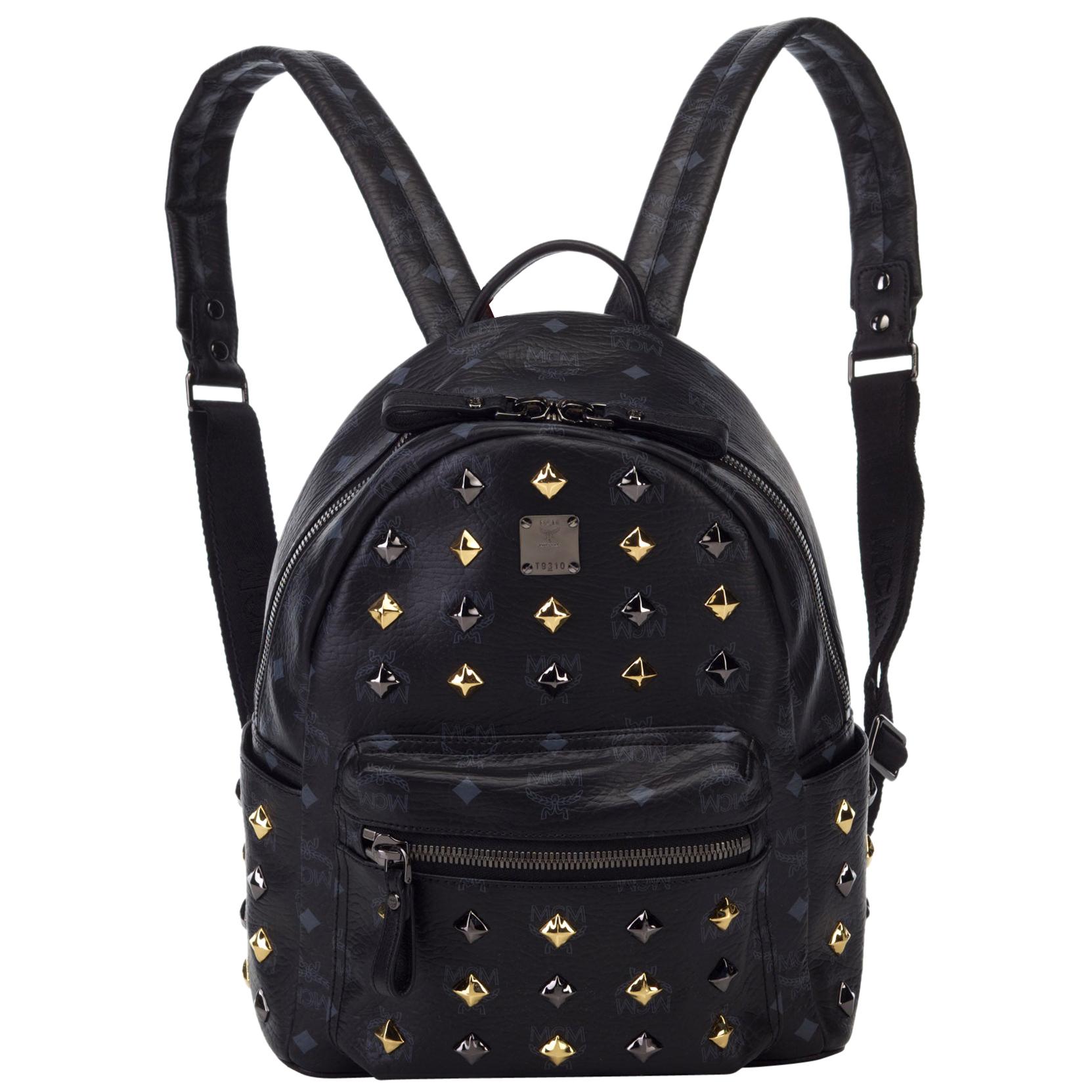 Vintage Authentic MCM Black Leather Studded Stark Backpack Germany w LARGE  For Sale