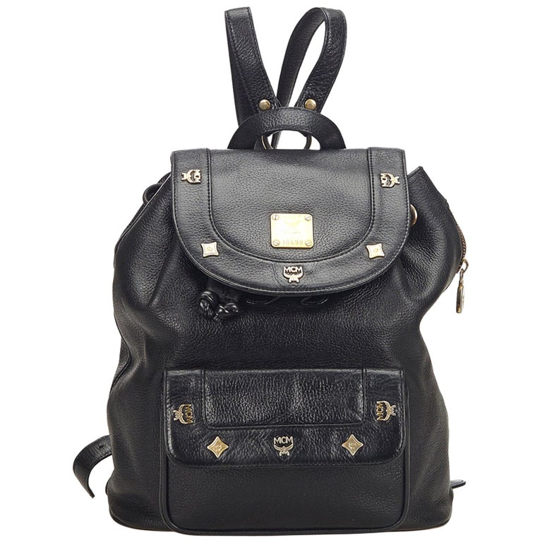 Vintage Authentic MCM Black Leather Visetos Drawstring Backpack Germany