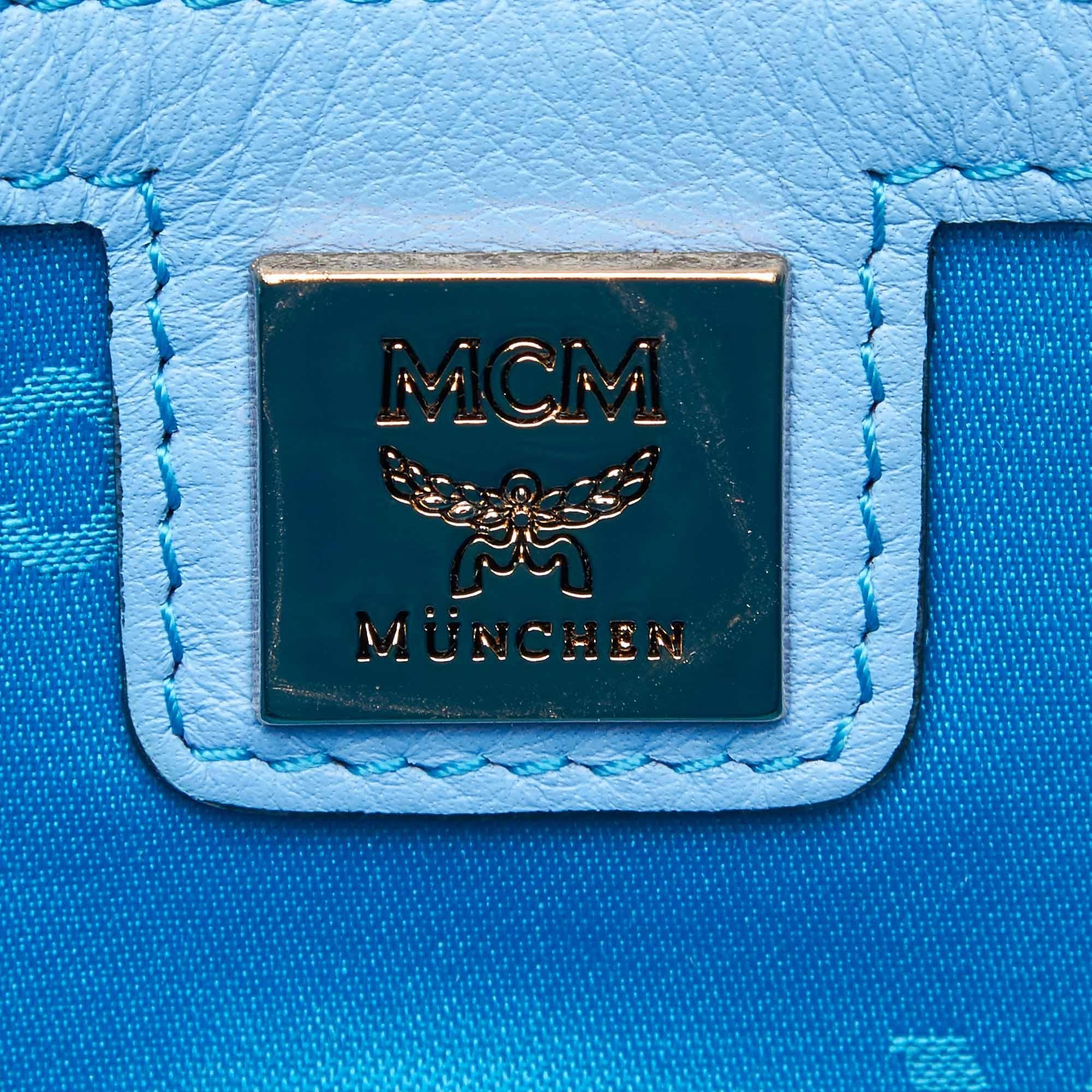 Vintage Authentic MCM Blue Leather Visetos Tote Bag Germany LARGE In Good Condition For Sale In Orlando, FL