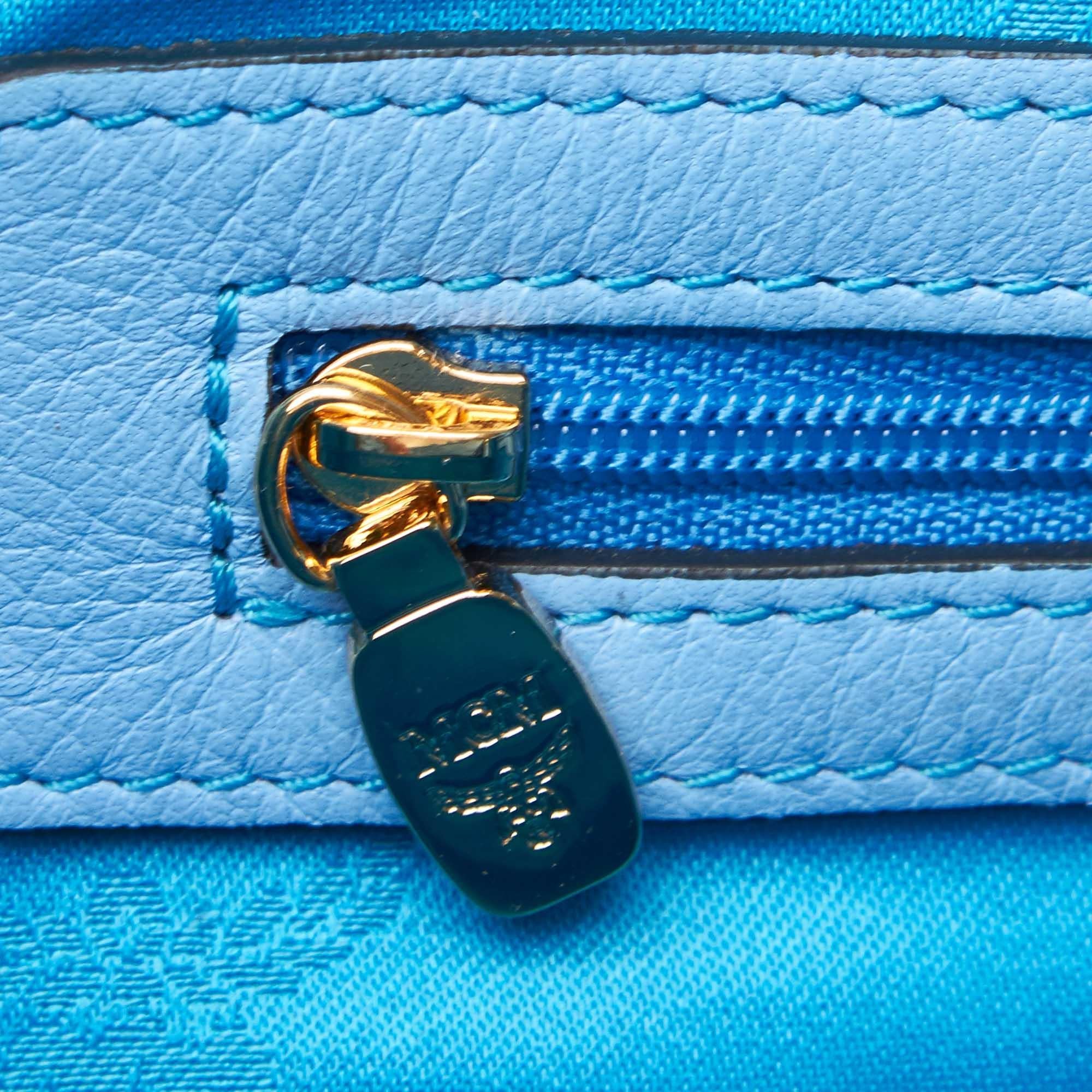 Women's Vintage Authentic MCM Blue Leather Visetos Tote Bag Germany LARGE For Sale
