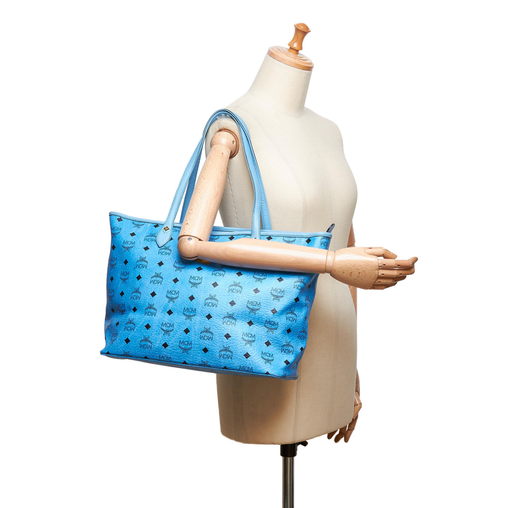 Vintage Authentic MCM Blue Leather Visetos Tote Bag Germany LARGE For Sale 1