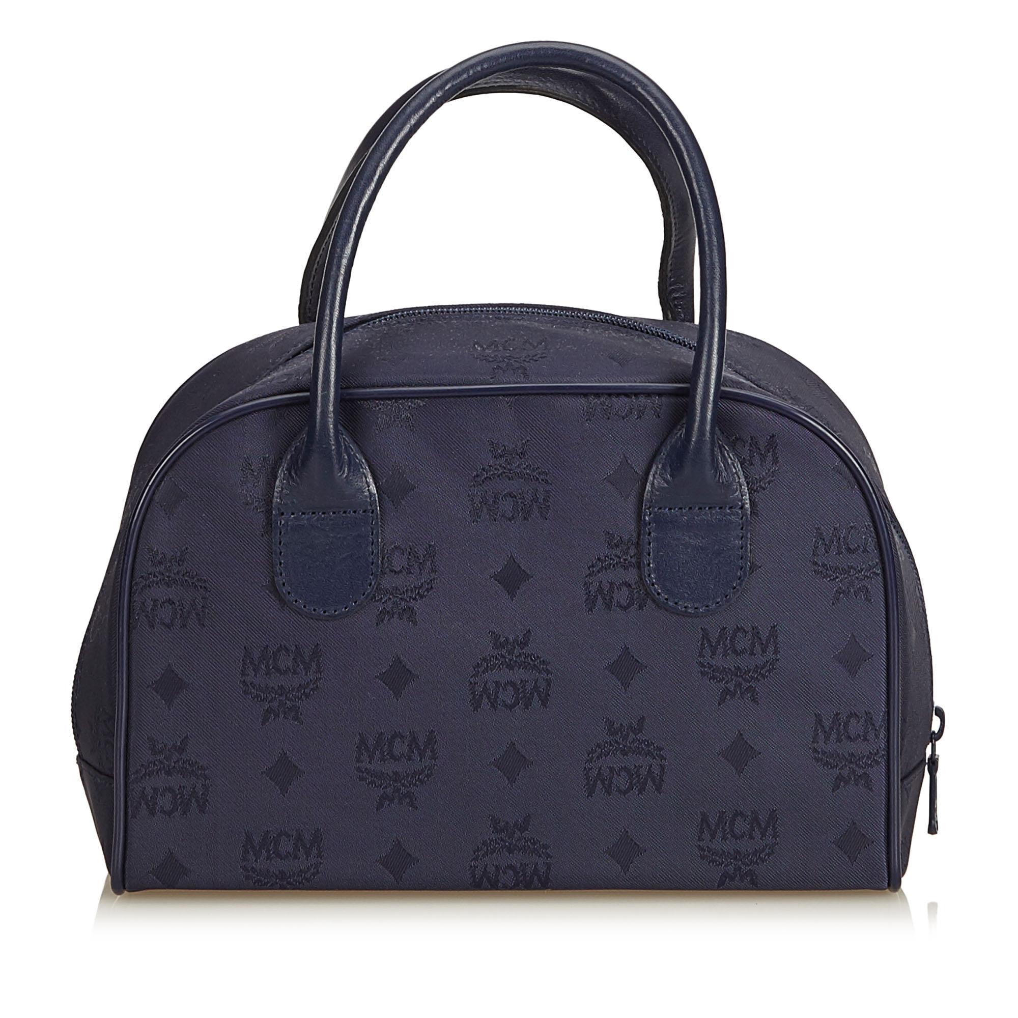 Black Vintage Authentic MCM Blue Navy Nylon Fabric Visetos Handbag Germany SMALL  For Sale