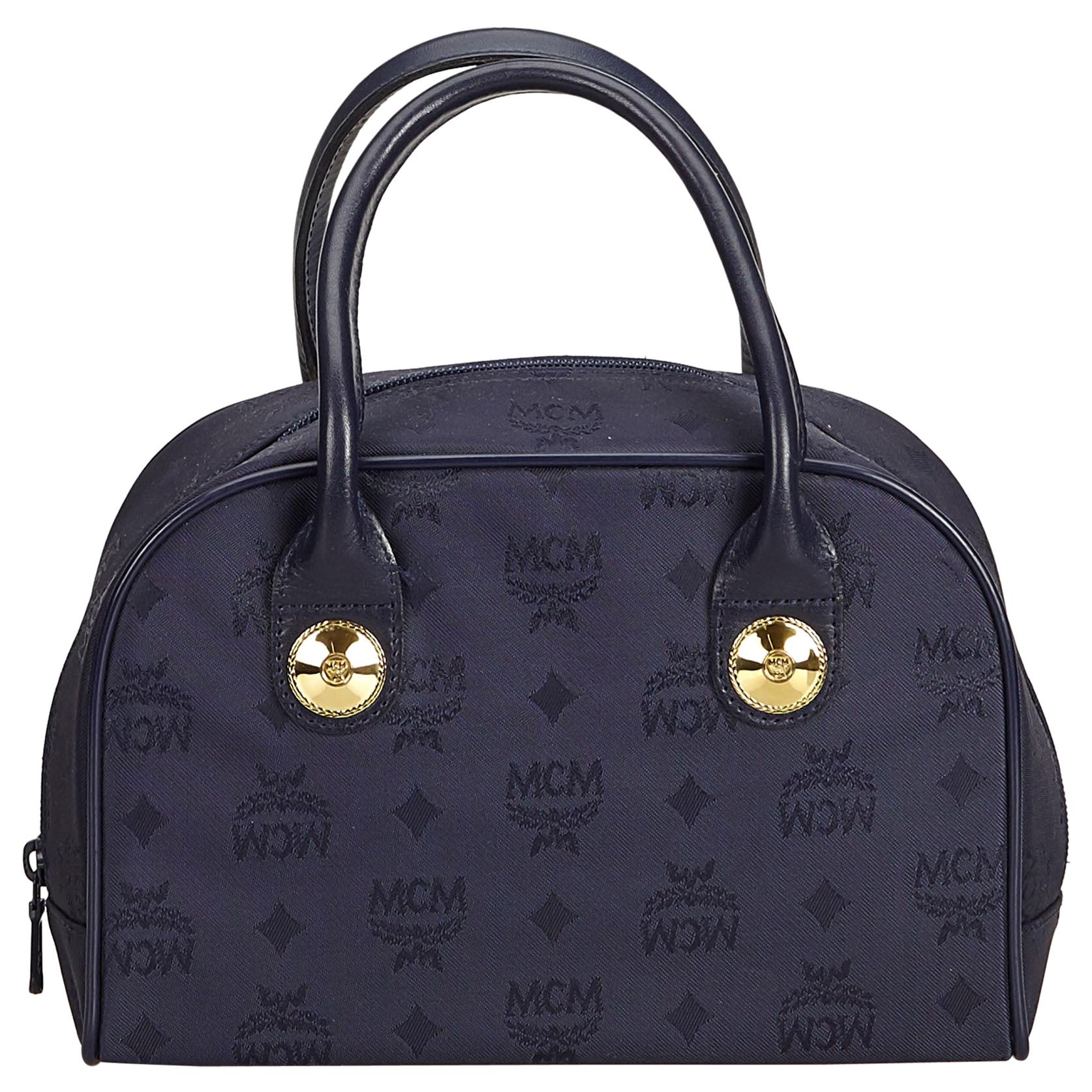 Vintage Authentic MCM Blue Navy Nylon Fabric Visetos Handbag Germany SMALL  For Sale