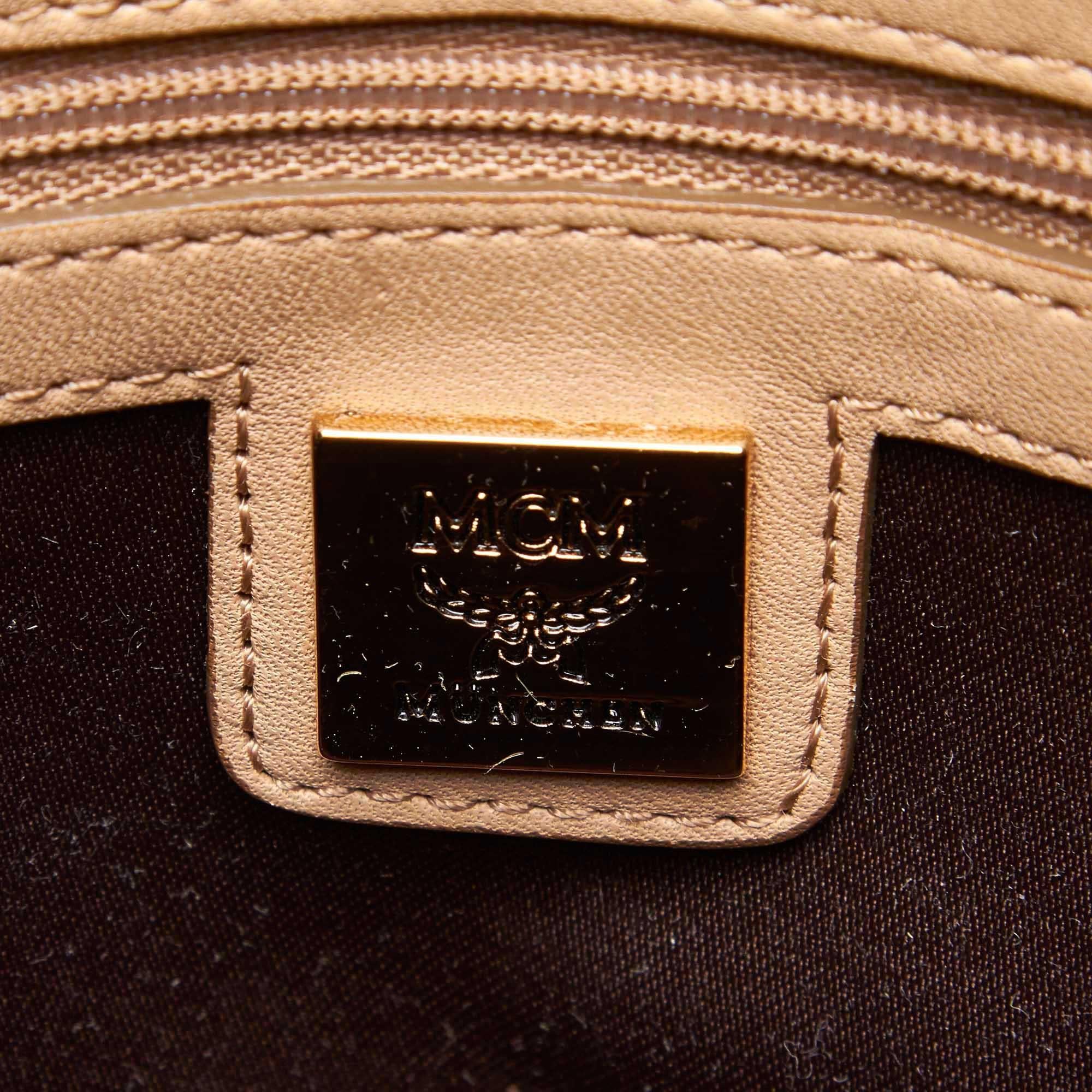 Beige Vintage Authentic MCM Brown Leather Visetos Handbag GERMANY w/ Dust Bag MEDIUM  For Sale