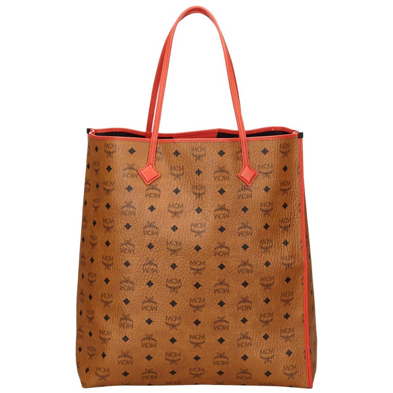 Vintage Authentic MCM Brown Leather Visetos Tote Bag Germany w/ Pouch LARGE For Sale at 1stdibs